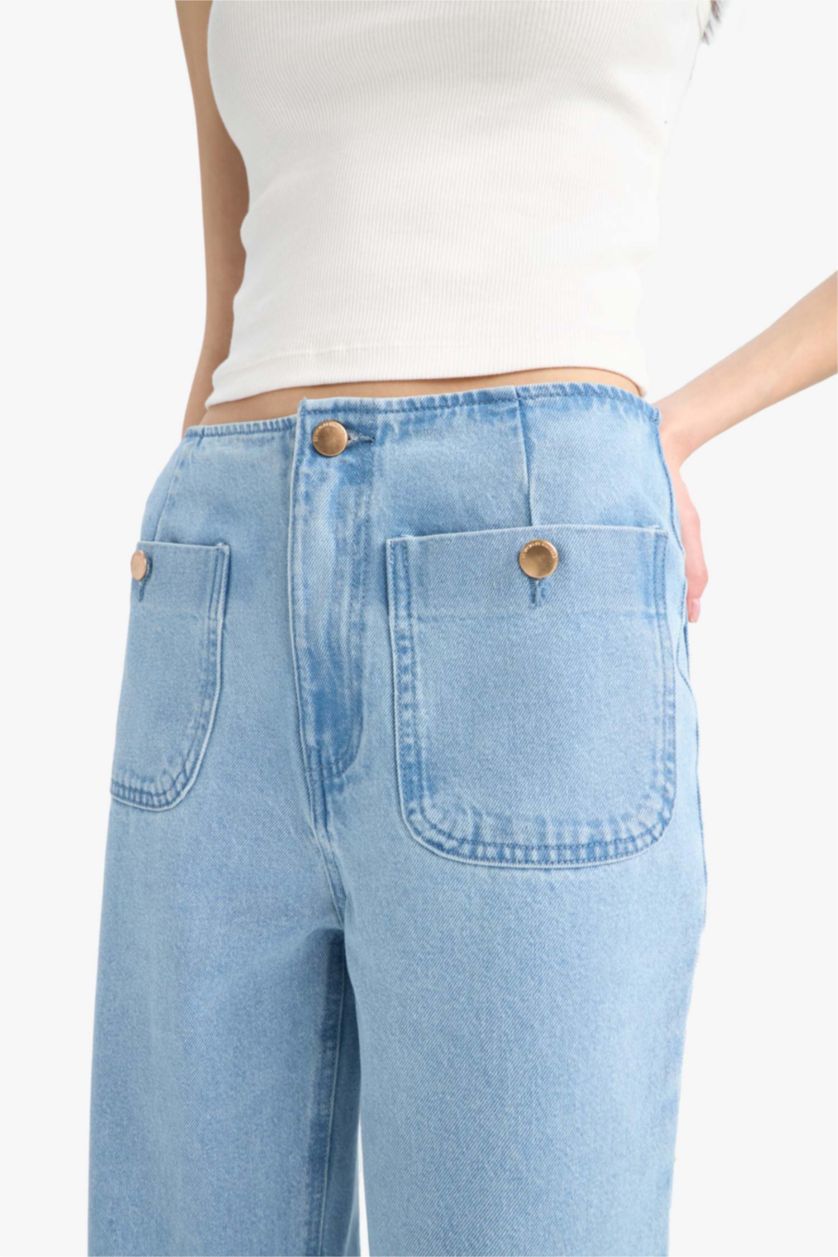 Kadın Mavi 90's Wıde Leg Yüksek Bel Düz Paça Uzun Jean Kar Yıkamalı Pantolon