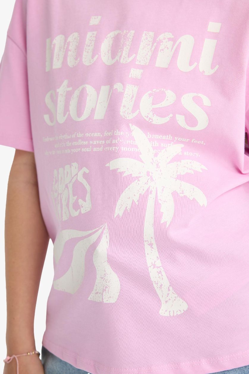 Kız Çocuk - Genç Kız Pembe Relax Fit Bisiklet Yaka Baskılı 2'li Kısa Kollu Tişört Kız Çocuk