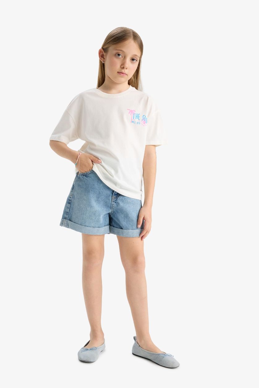 Kız Çocuk - Genç Kız Pembe Relax Fit Bisiklet Yaka Baskılı 2'li Kısa Kollu Tişört Kız Çocuk