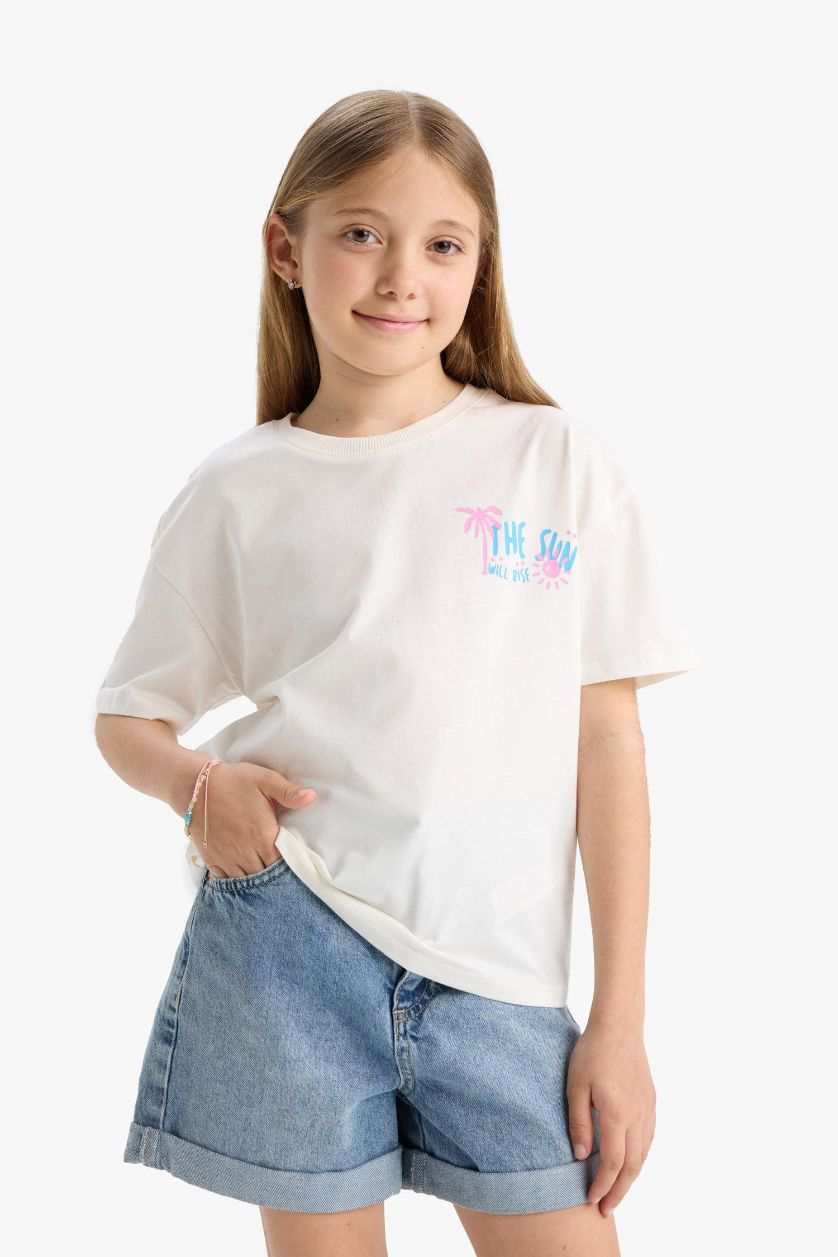 Kız Çocuk - Genç Kız Pembe Relax Fit Bisiklet Yaka Baskılı 2'li Kısa Kollu Tişört Kız Çocuk