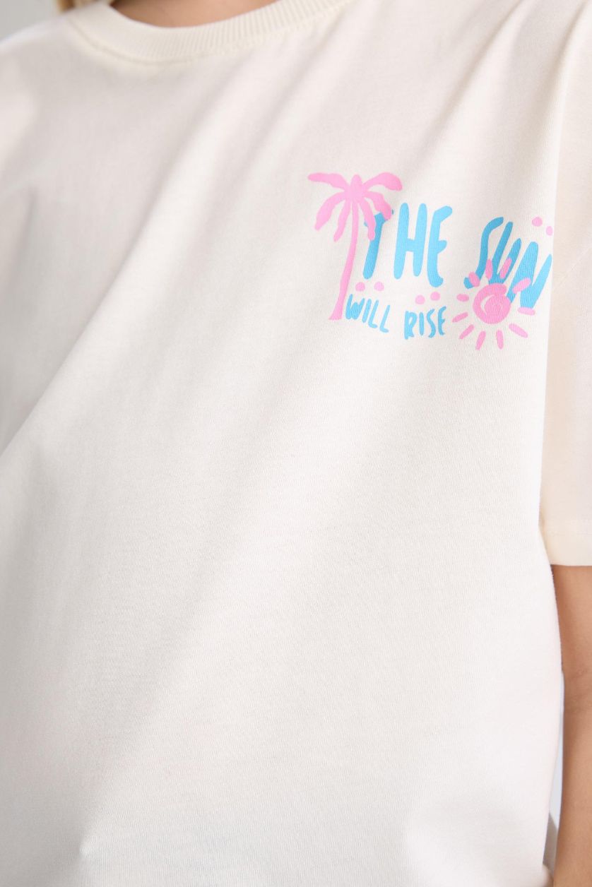 Kız Çocuk - Genç Kız Pembe Relax Fit Bisiklet Yaka Baskılı 2'li Kısa Kollu Tişört Kız Çocuk