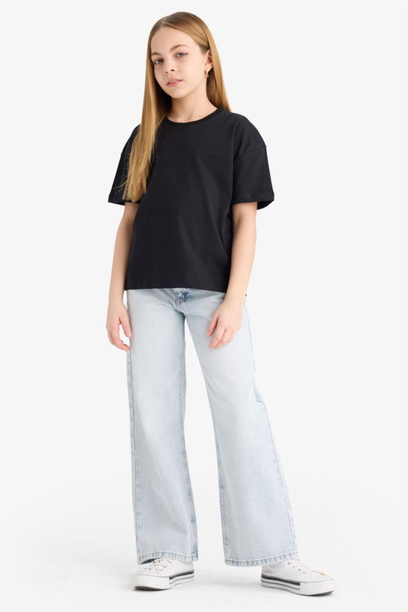 بنات أسود تيشيرت بناتي نص ردن قصة مريحة بياخة مستديرة - قطعتين