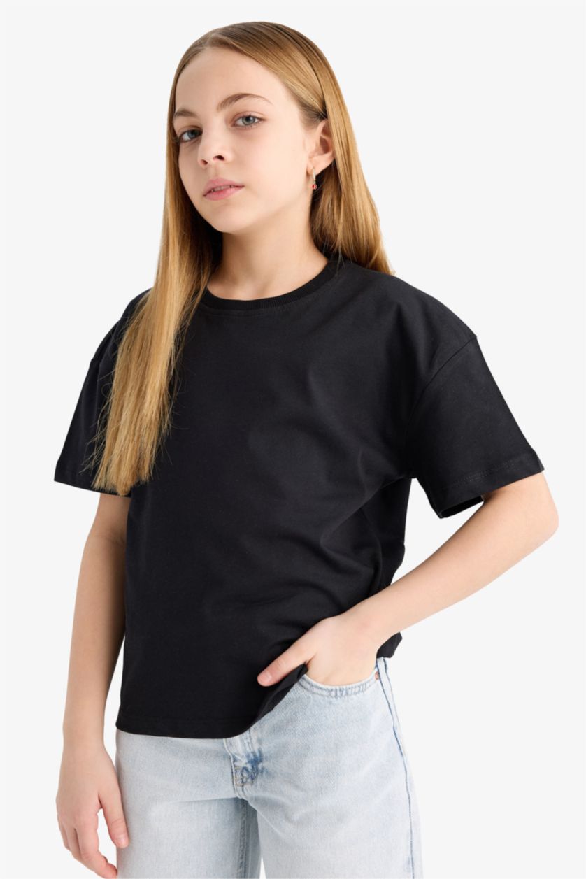 بنات أسود تيشيرت بناتي نص ردن قصة مريحة بياخة مستديرة - قطعتين