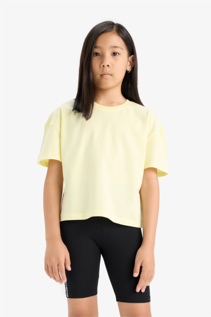 Kız Çocuk - Genç Kız Açık Sarı Relax Fit Bisiklet Yaka 2'li Kısa Kollu Tişört Kız Çocuk
