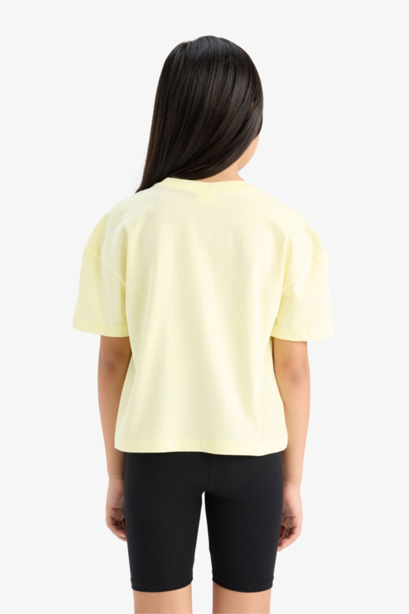 Kız Çocuk - Genç Kız Açık Sarı Relax Fit Bisiklet Yaka 2'li Kısa Kollu Tişört Kız Çocuk