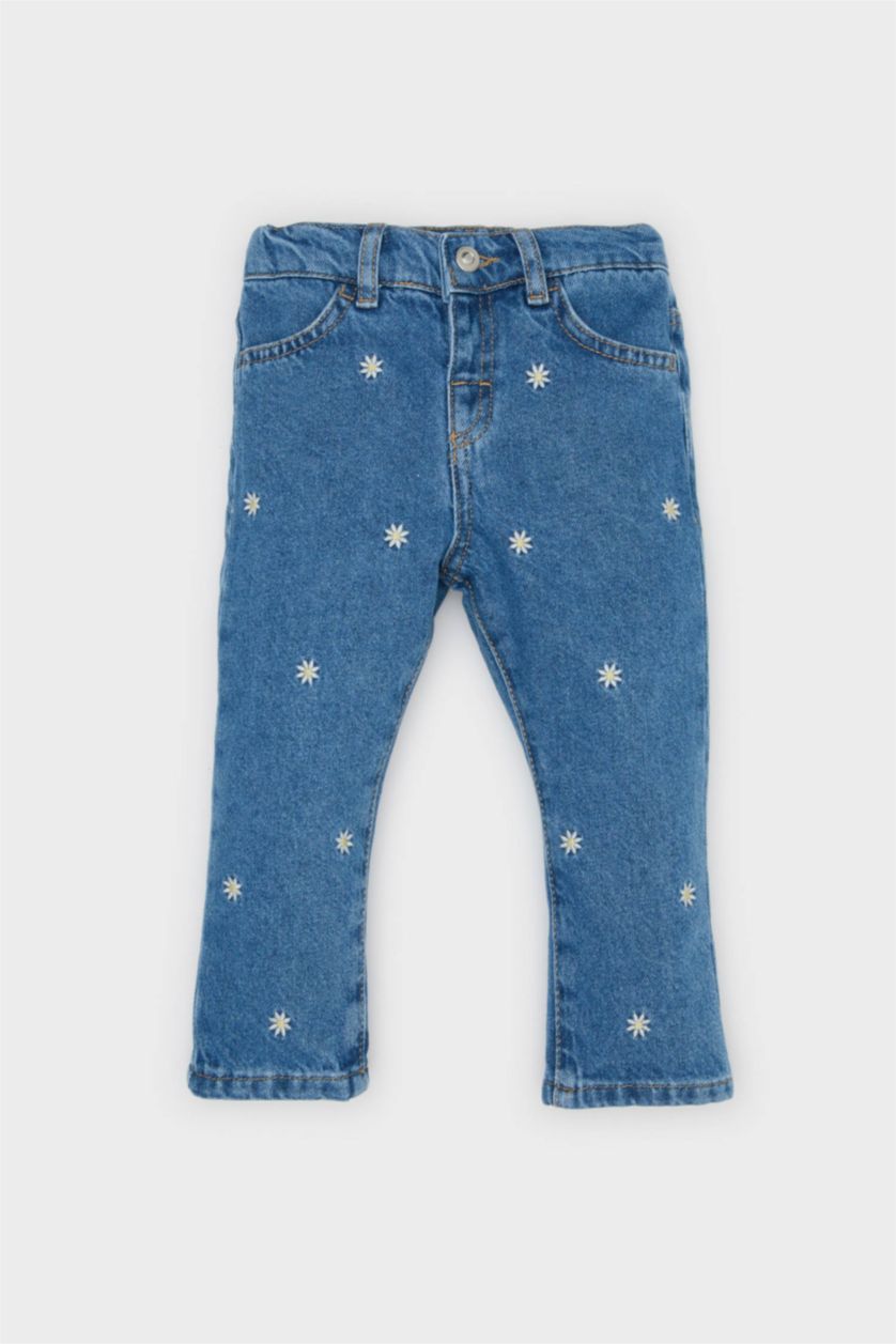BÉBÉ FILLE Bleu Pantalon Jean large à fleurs brodées pour fille