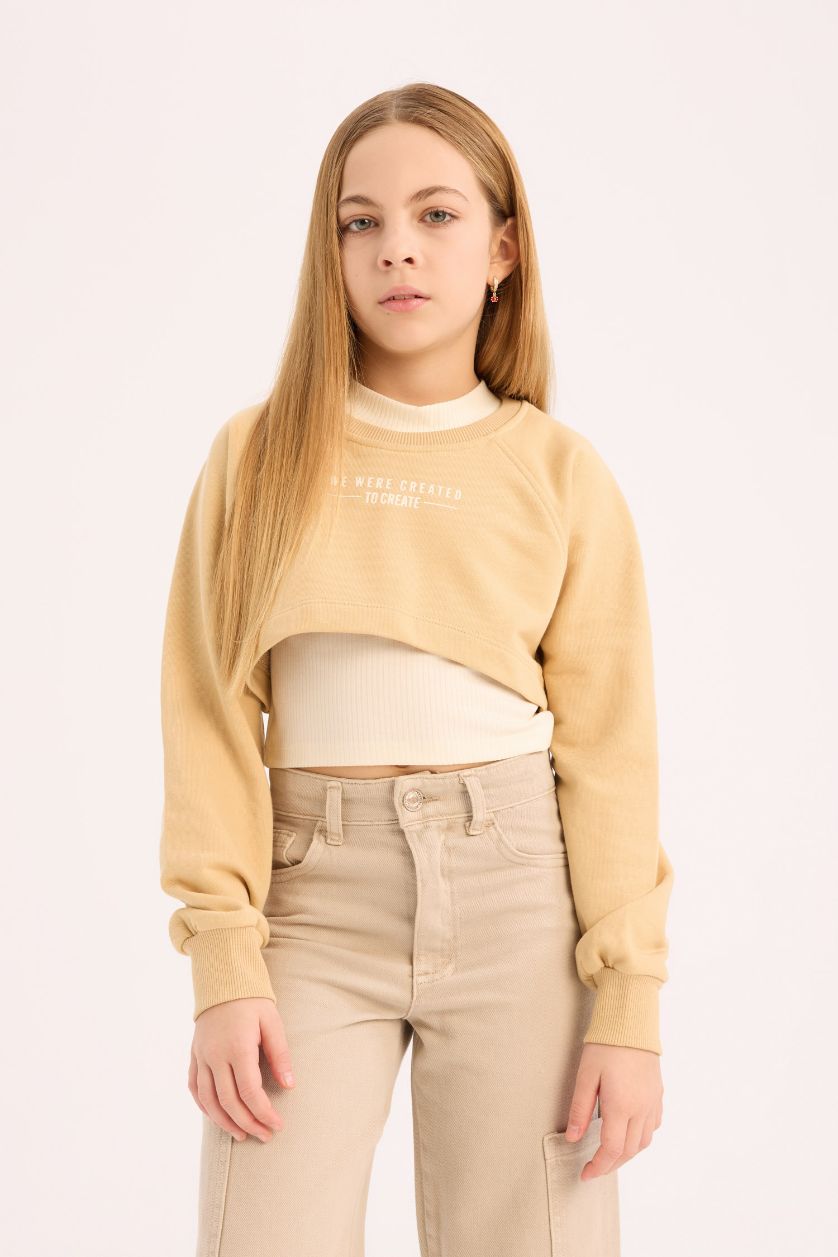 Kız Çocuk - Genç Kız Kum Bisiklet Yaka Baskılı 2'li Sweatshirt Kız Çocuk