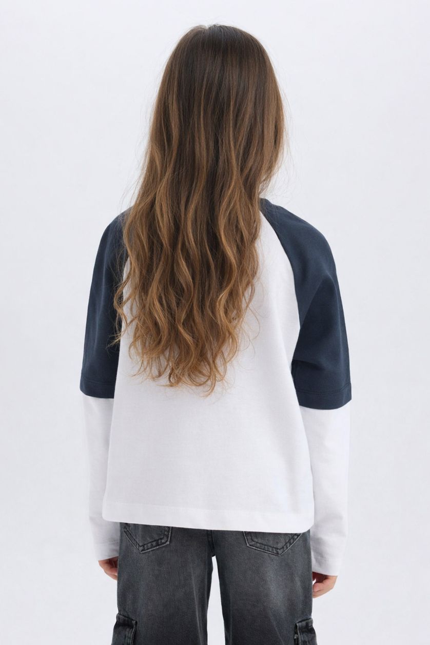 Kız Çocuk - Genç Kız Beyaz Oversize Geniş Kalıp Bisiklet Yaka Baskılı Uzun Kollu Tişört Kız Çocuk