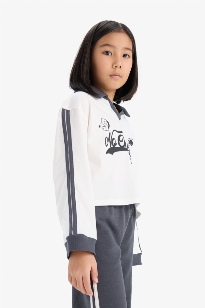 Kız Çocuk - Genç Kız Ekru Kız Çocuk 2'li Takım Baskılı Sweatshirt Beli Lastikli Geniş Paça Eşofman Altı