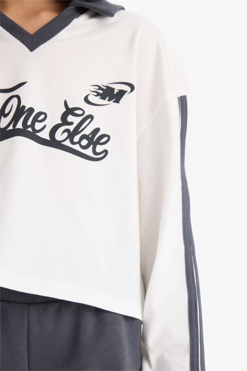 Kız Çocuk - Genç Kız Ekru Kız Çocuk 2'li Takım Baskılı Sweatshirt Beli Lastikli Geniş Paça Eşofman Altı