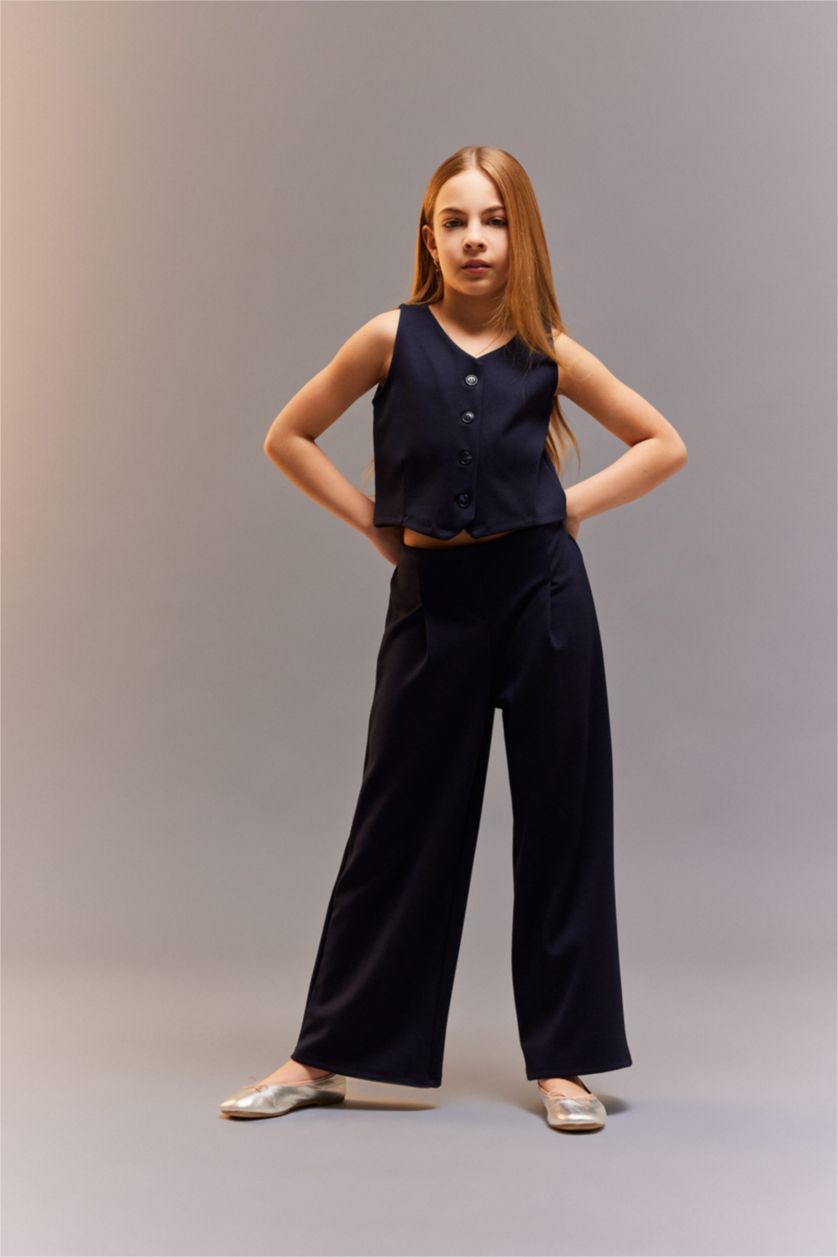 Kız Çocuk - Genç Kız Lacivert 2'li Takım Düğmeli Yelek Geniş Bol Paça Pantolon Kız Çocuk