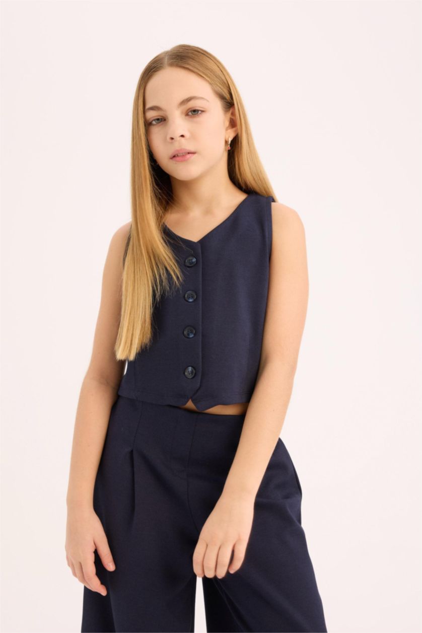 Kız Çocuk - Genç Kız Lacivert 2'li Takım Düğmeli Yelek Geniş Bol Paça Pantolon Kız Çocuk