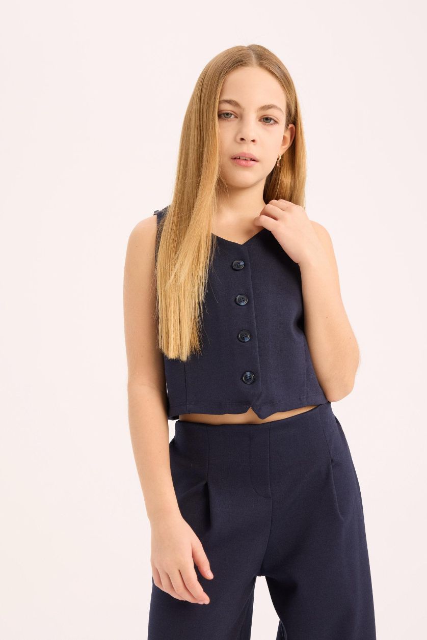 Kız Çocuk - Genç Kız Lacivert 2'li Takım Düğmeli Yelek Geniş Bol Paça Pantolon Kız Çocuk