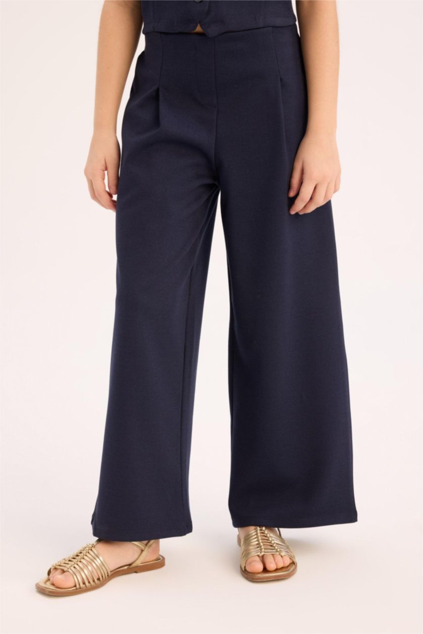 Kız Çocuk - Genç Kız Lacivert 2'li Takım Düğmeli Yelek Geniş Bol Paça Pantolon Kız Çocuk