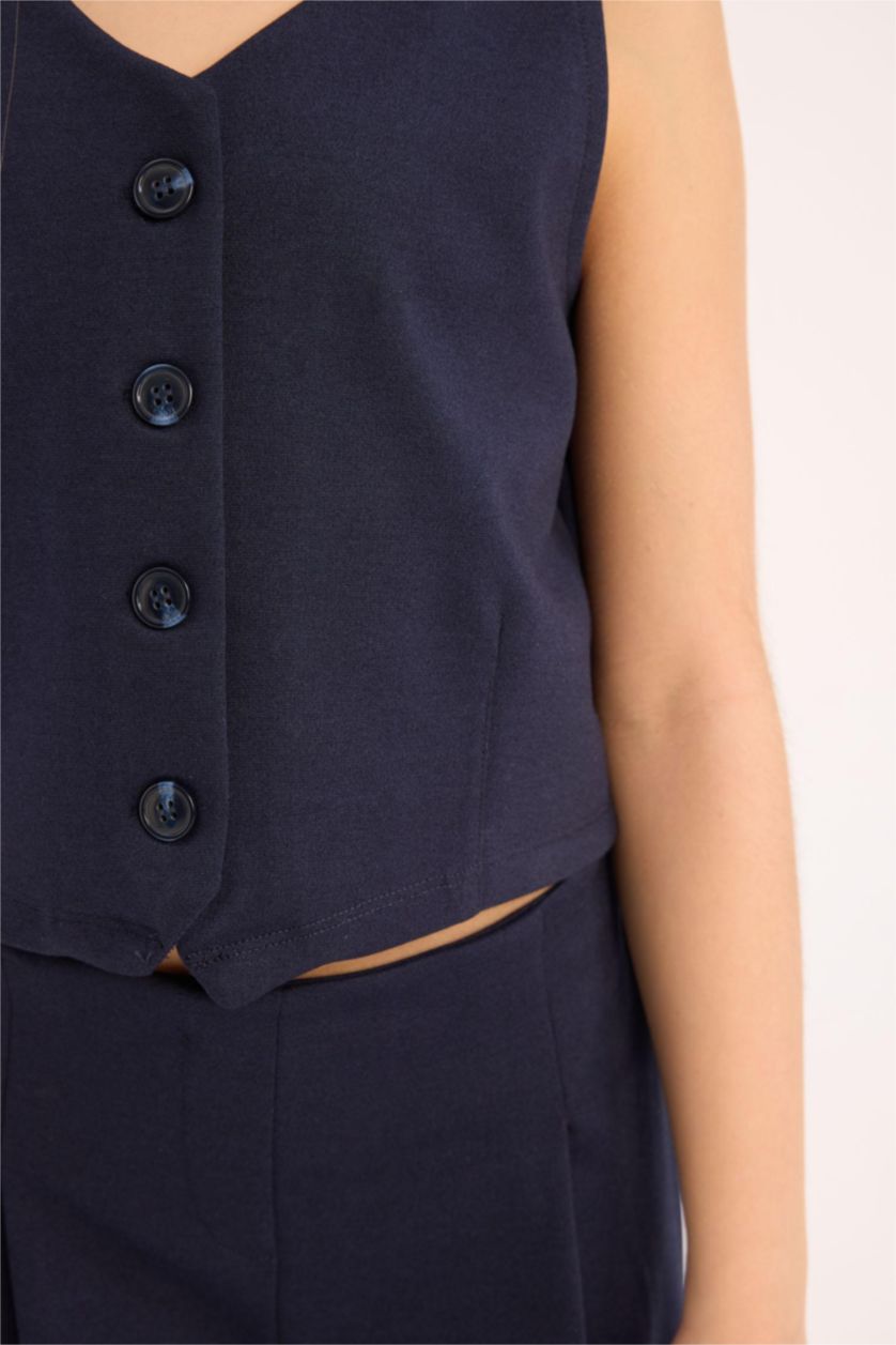 Kız Çocuk - Genç Kız Lacivert 2'li Takım Düğmeli Yelek Geniş Bol Paça Pantolon Kız Çocuk