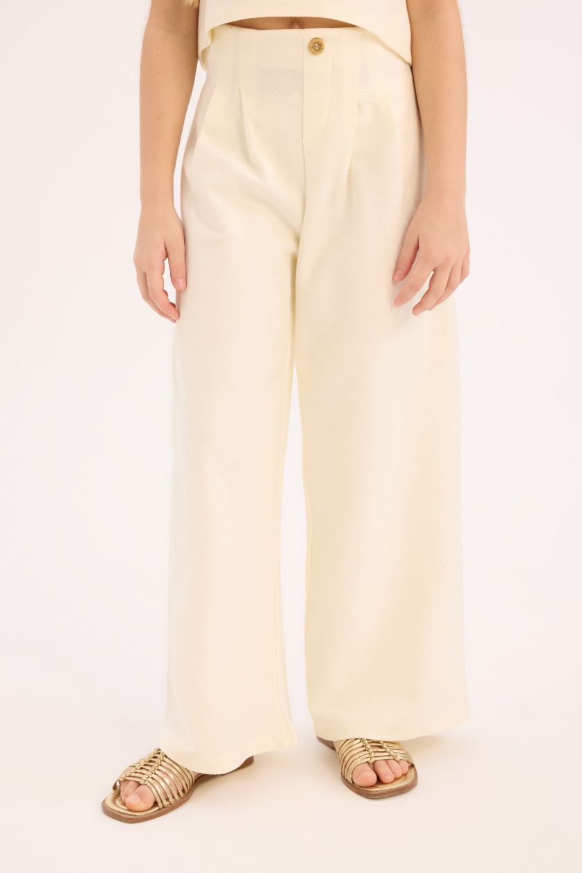 Kız Çocuk - Genç Kız Ekru 2'li Takım Kolsuz Bluz Geniş Bol Paça Pantolon Kız Çocuk