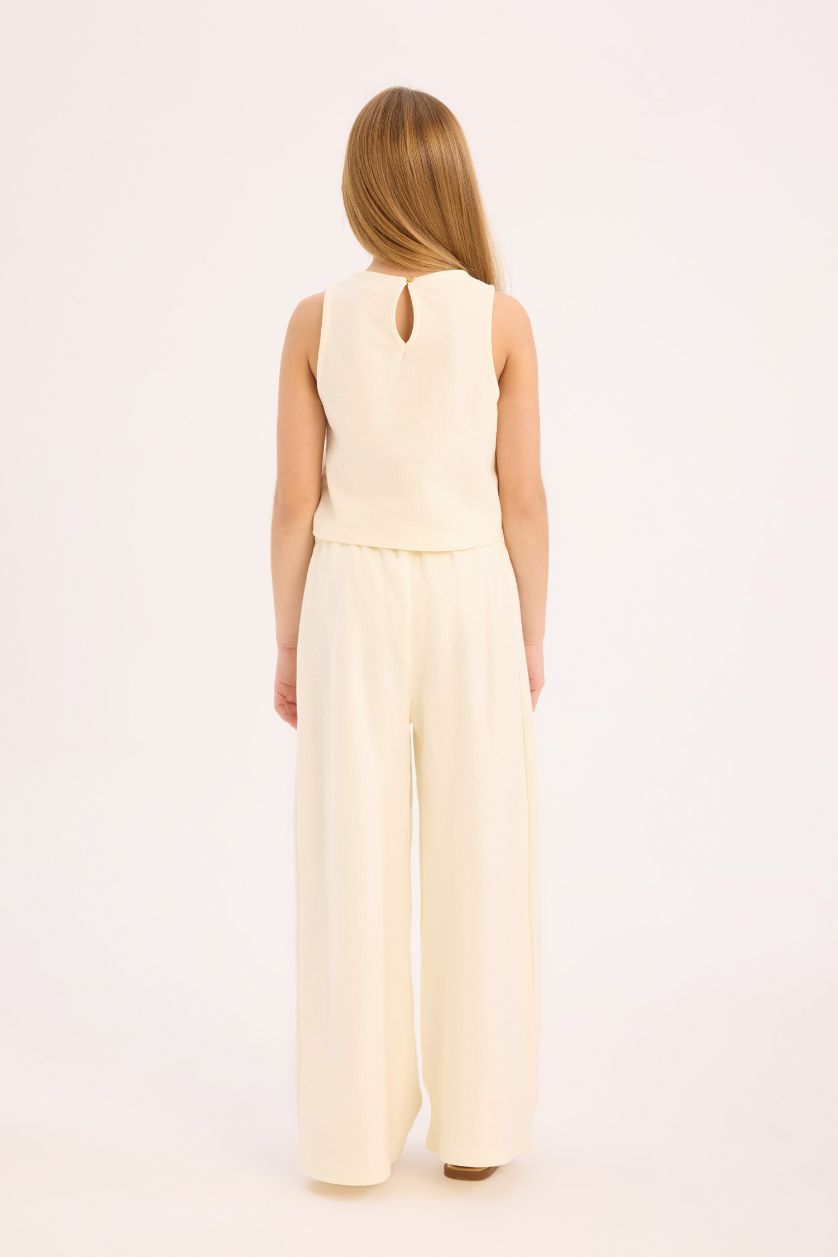 Kız Çocuk - Genç Kız Ekru 2'li Takım Kolsuz Bluz Geniş Bol Paça Pantolon Kız Çocuk