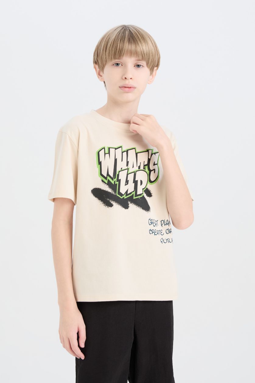 Erkek Çocuk - Genç Erkek Bej Bisiklet Yaka Baskılı Kısa Kollu Tişört Erkek Çocuk