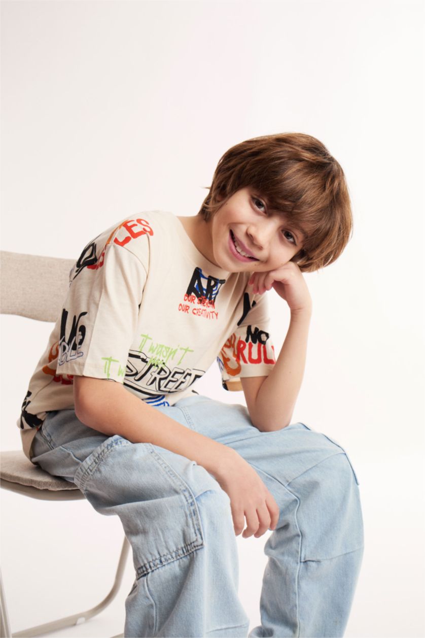 Erkek Çocuk - Genç Erkek Bej Bisiklet Yaka Baskılı Kısa Kollu Tişört Erkek Çocuk