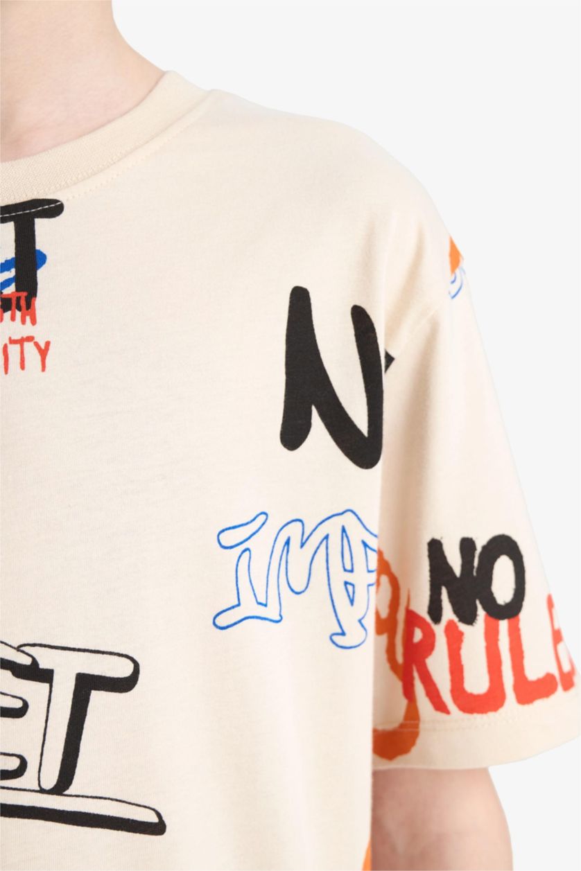 Erkek Çocuk - Genç Erkek Bej Bisiklet Yaka Baskılı Kısa Kollu Tişört Erkek Çocuk