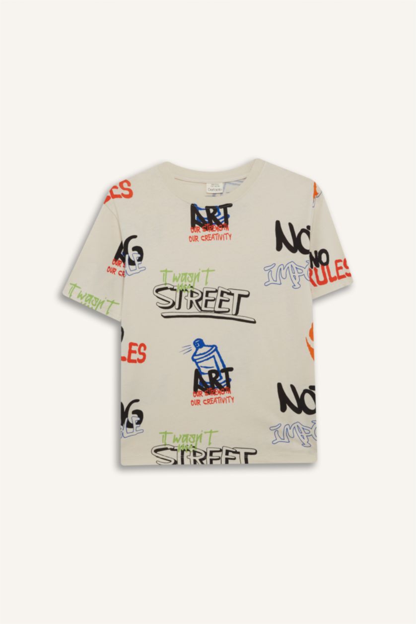 Erkek Çocuk - Genç Erkek Bej Bisiklet Yaka Baskılı Kısa Kollu Tişört Erkek Çocuk