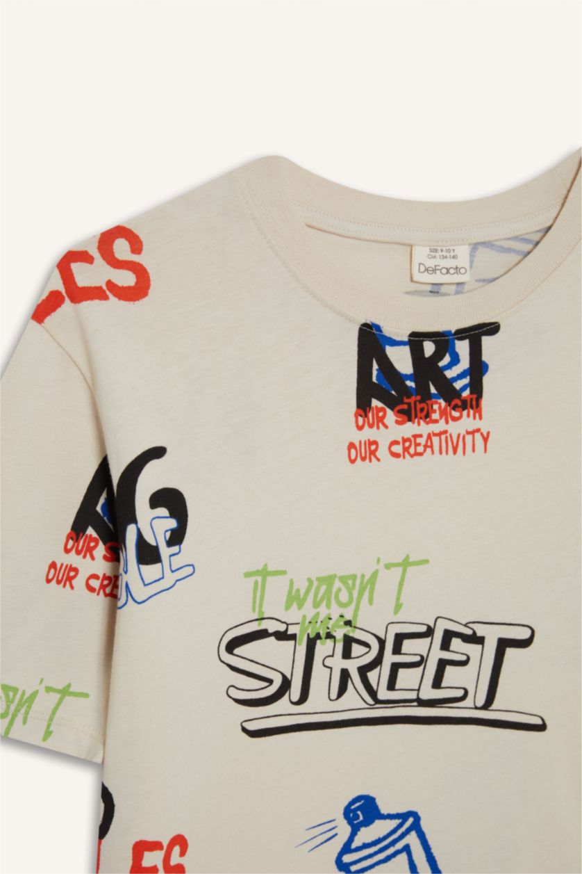 Erkek Çocuk - Genç Erkek Bej Bisiklet Yaka Baskılı Kısa Kollu Tişört Erkek Çocuk