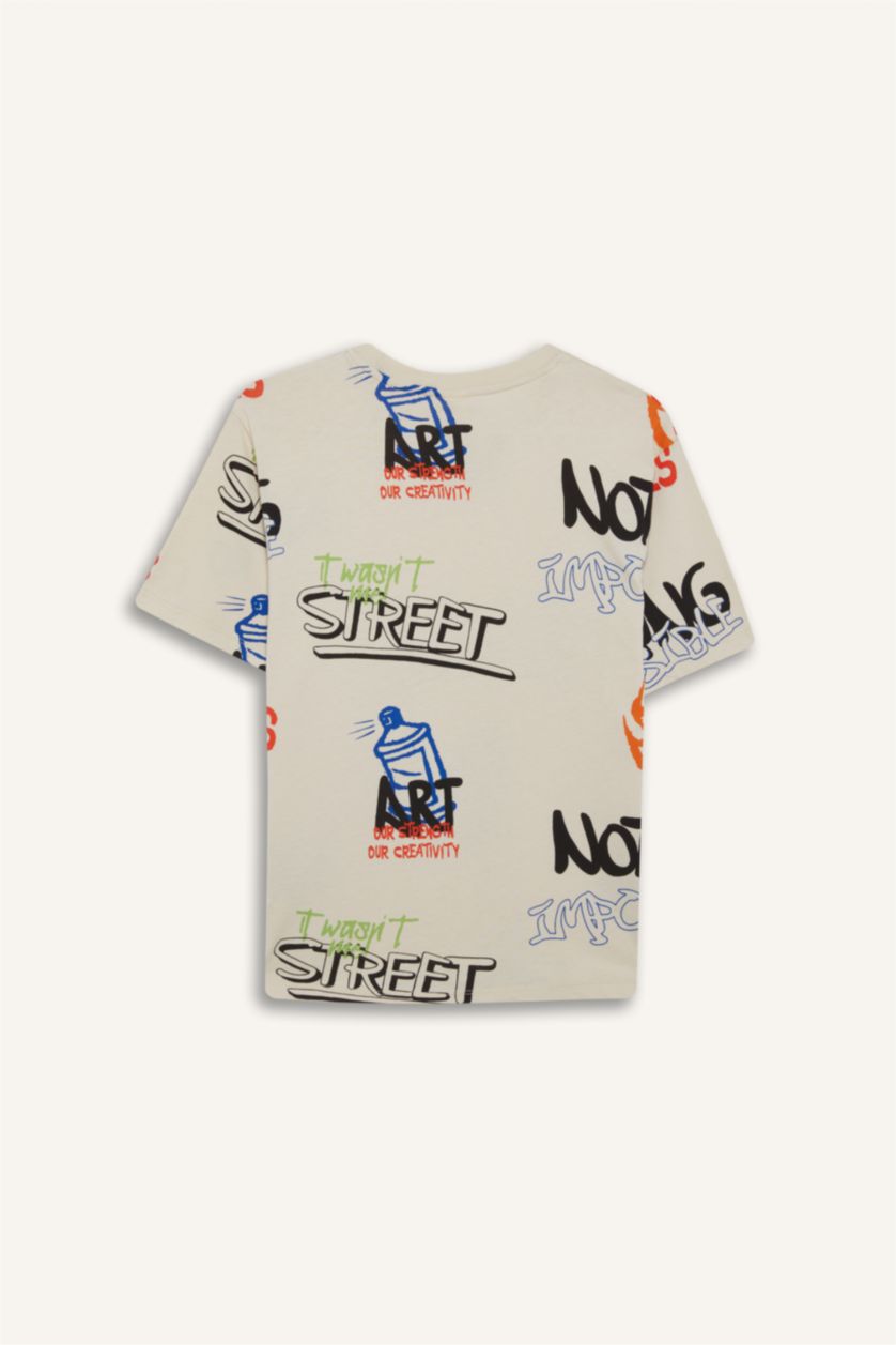 Erkek Çocuk - Genç Erkek Bej Bisiklet Yaka Baskılı Kısa Kollu Tişört Erkek Çocuk