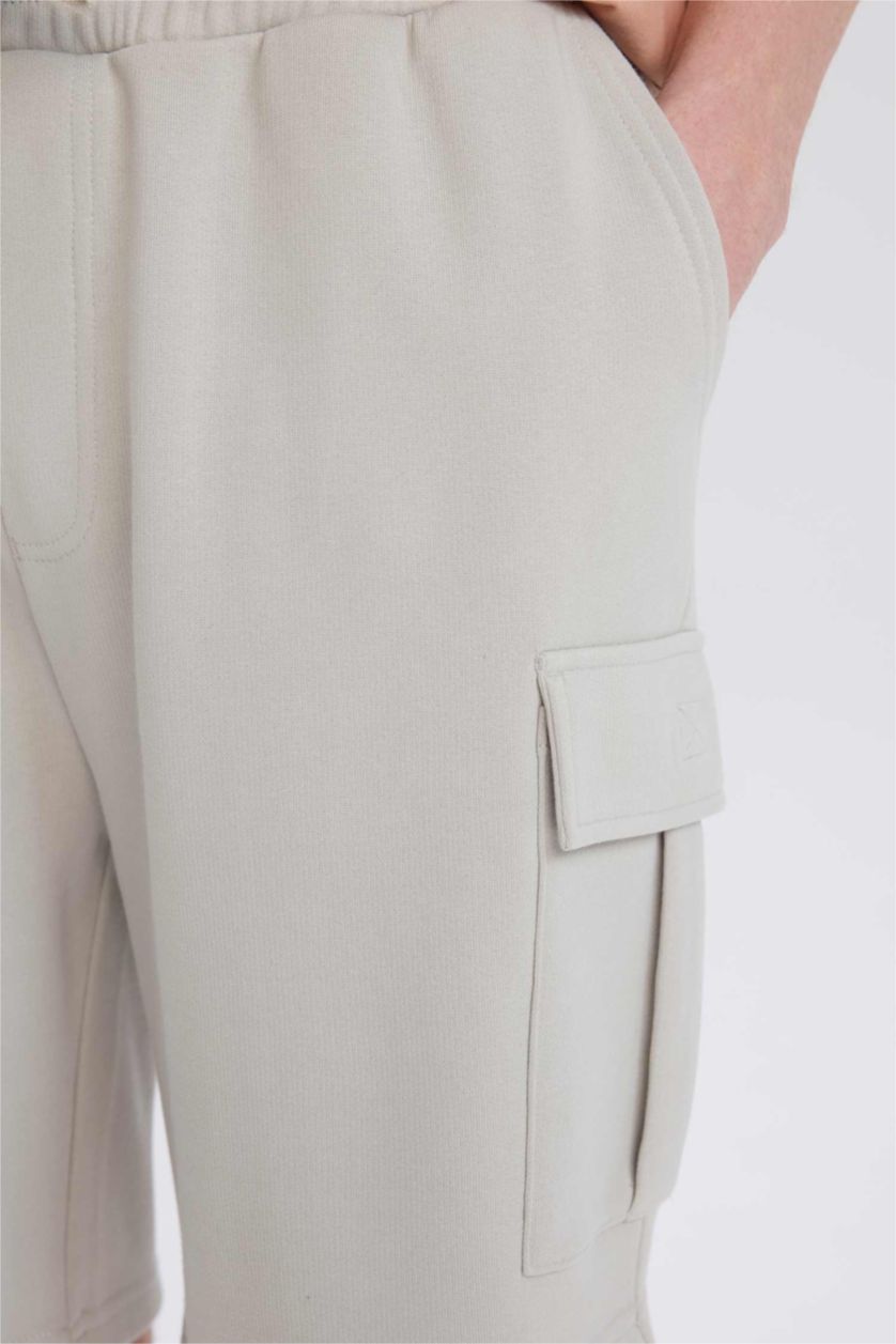Erkek Açık Gri Regular Fit Beli Bağcıklı Kargo Cepli Şort