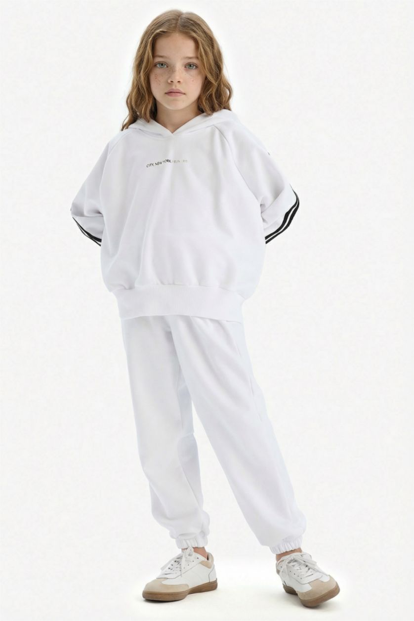 Kız Çocuk - Genç Kız Beyaz 2'li Takım Kapüşonlu Baskılı Sweatshirt Beli Paçası Lastikli Eşofman Altı Kız Çocuk