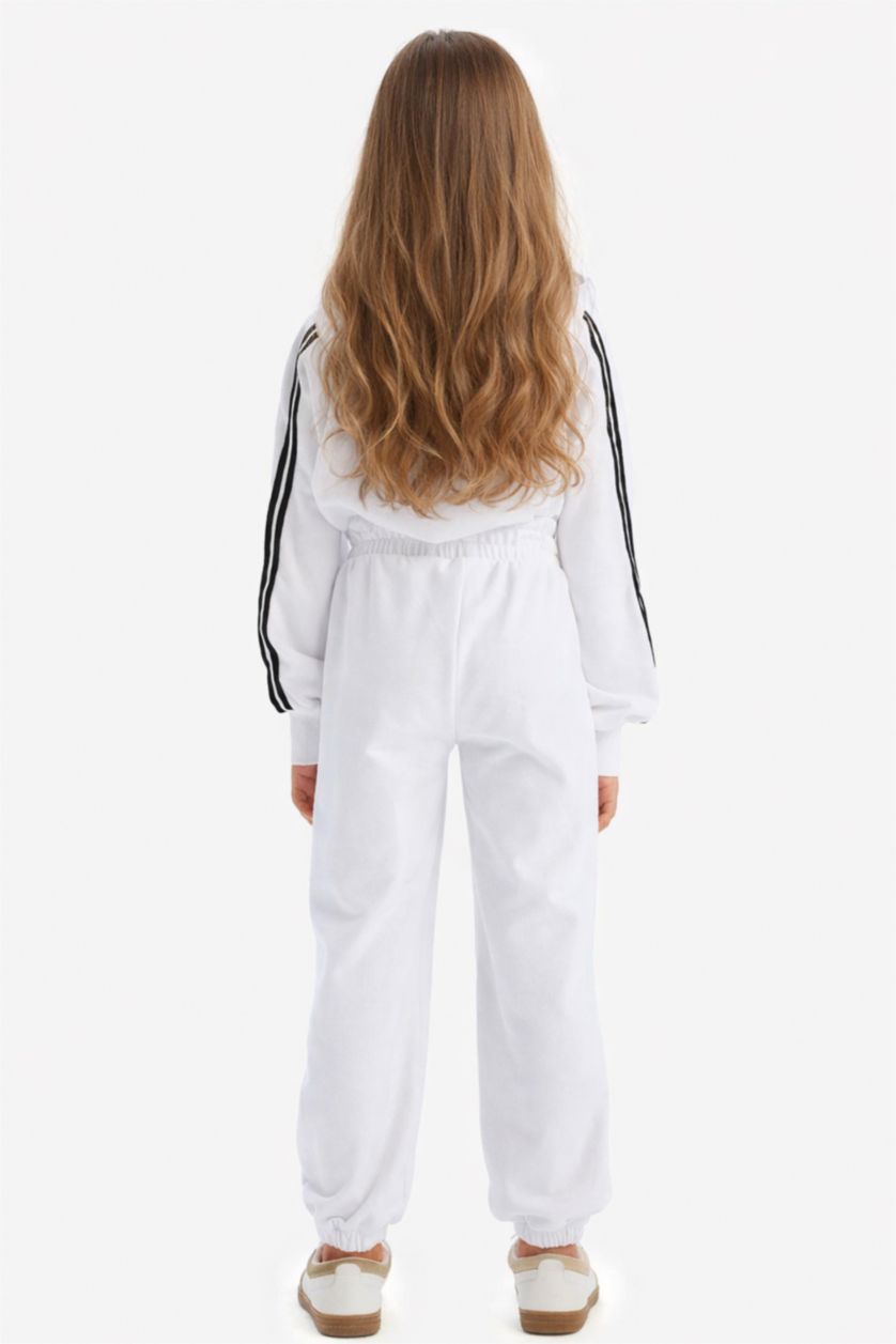 Kız Çocuk - Genç Kız Beyaz 2'li Takım Kapüşonlu Baskılı Sweatshirt Beli Paçası Lastikli Eşofman Altı Kız Çocuk