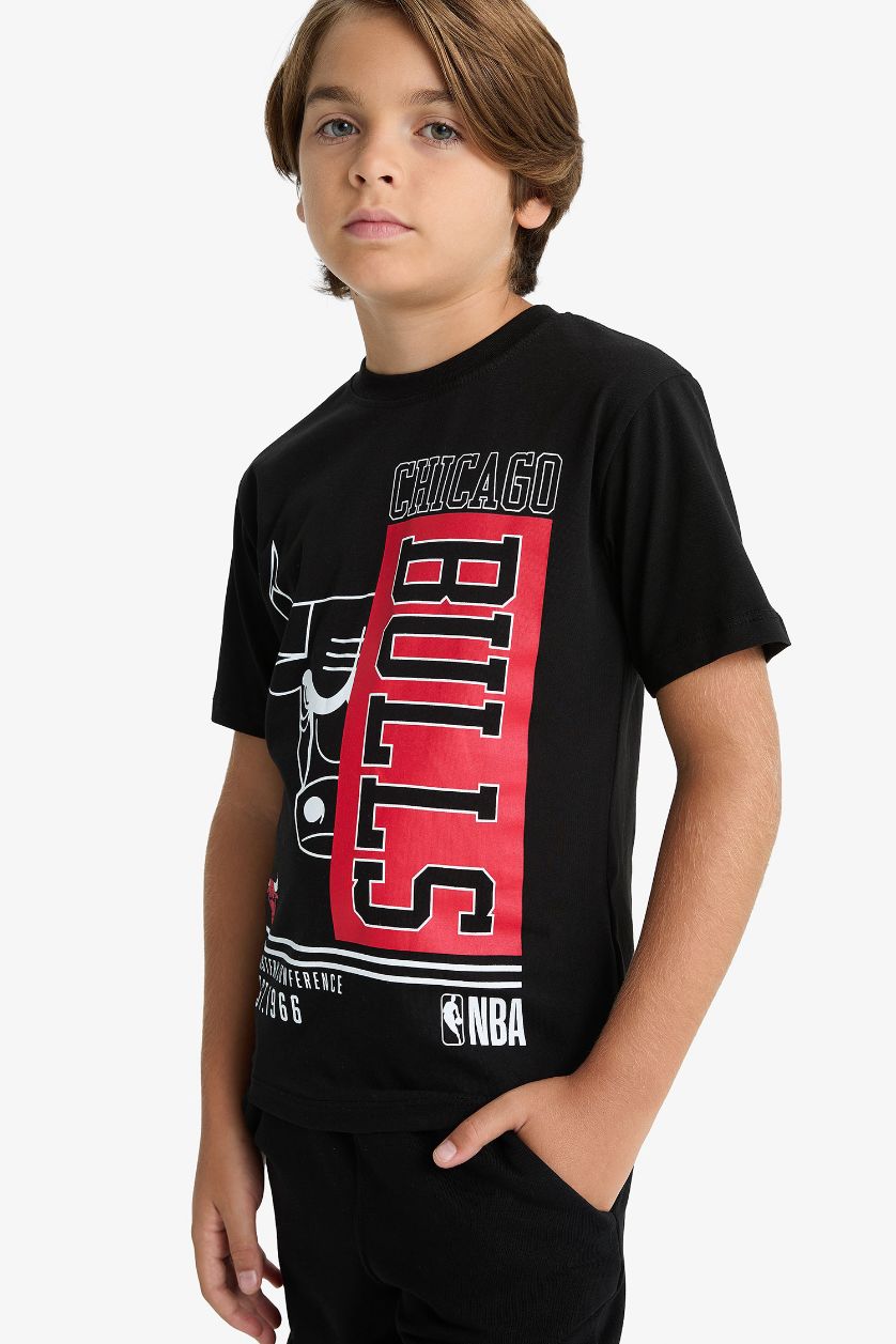 Erkek Çocuk - Genç Erkek Siyah NBA Chicago Bulls Bisiklet Yaka Kısa Kollu Tişört Erkek Çocuk