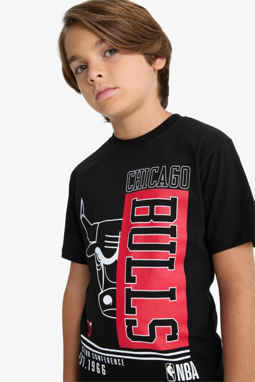 Erkek Çocuk - Genç Erkek Siyah NBA Chicago Bulls Bisiklet Yaka Kısa Kollu Tişört Erkek Çocuk