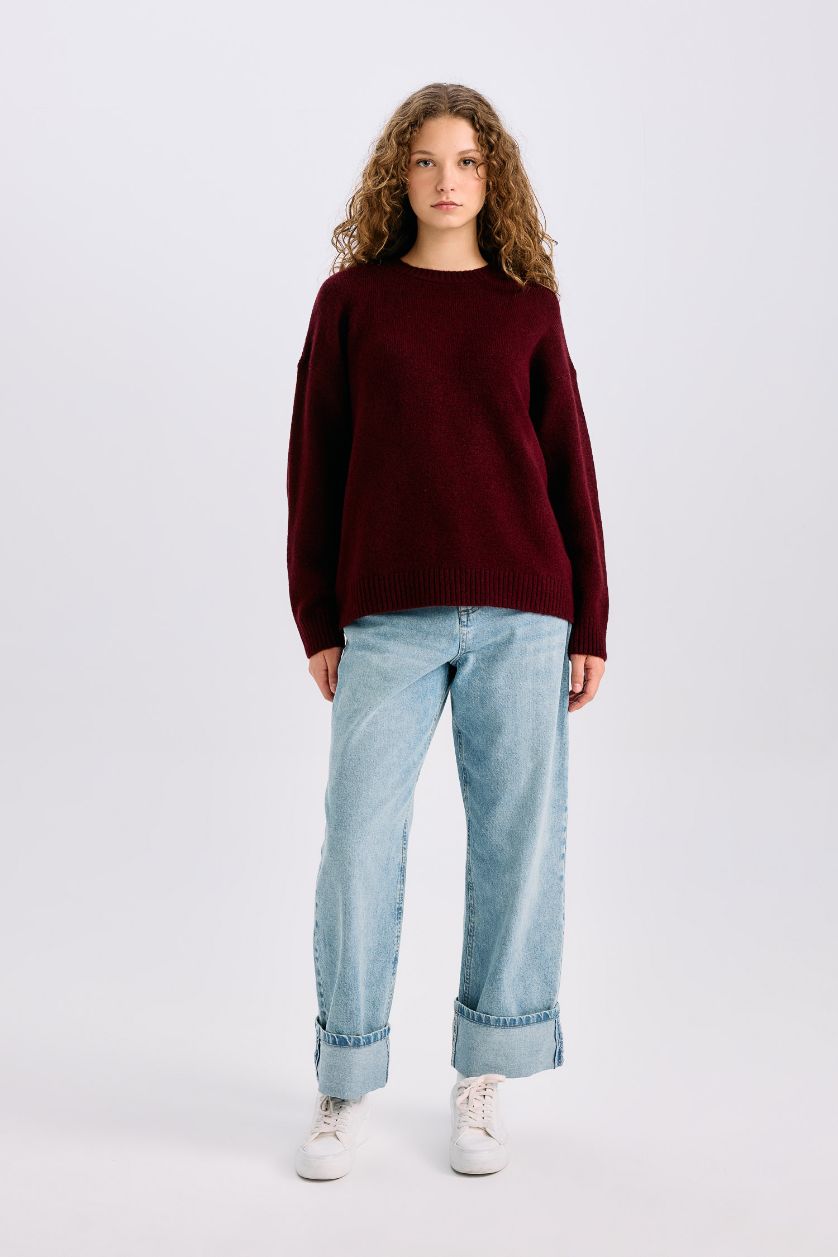 Kadın Bordo Oversize Geniş Kalıp Bisiklet Yaka Basic Düz Triko Kazak