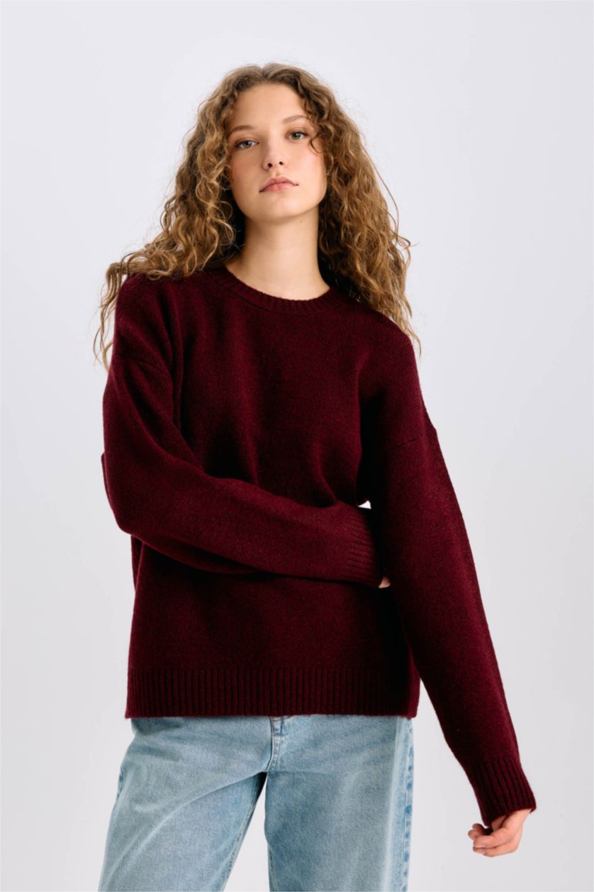 Kadın Bordo Oversize Geniş Kalıp Bisiklet Yaka Basic Düz Triko Kazak