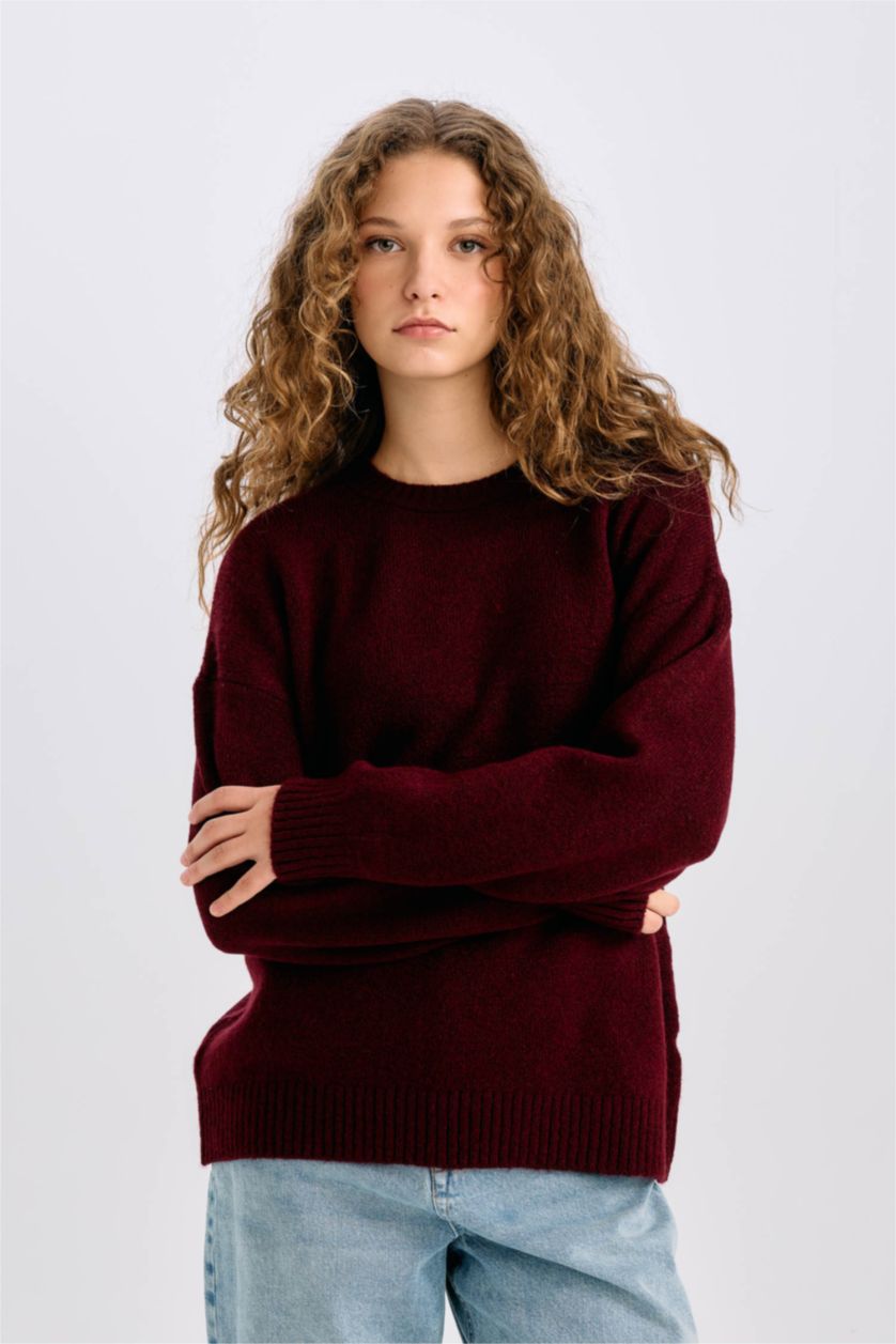 Kadın Bordo Oversize Geniş Kalıp Bisiklet Yaka Basic Düz Triko Kazak