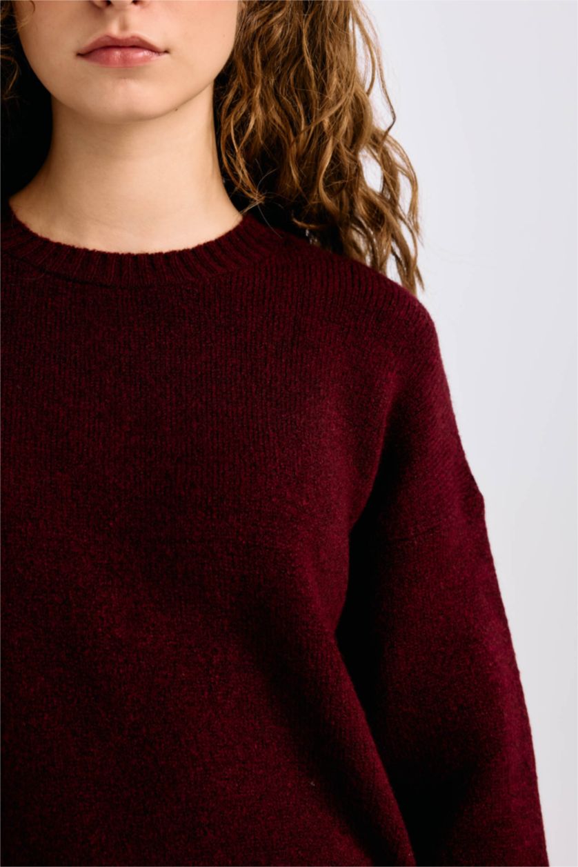 Kadın Bordo Oversize Geniş Kalıp Bisiklet Yaka Basic Düz Triko Kazak