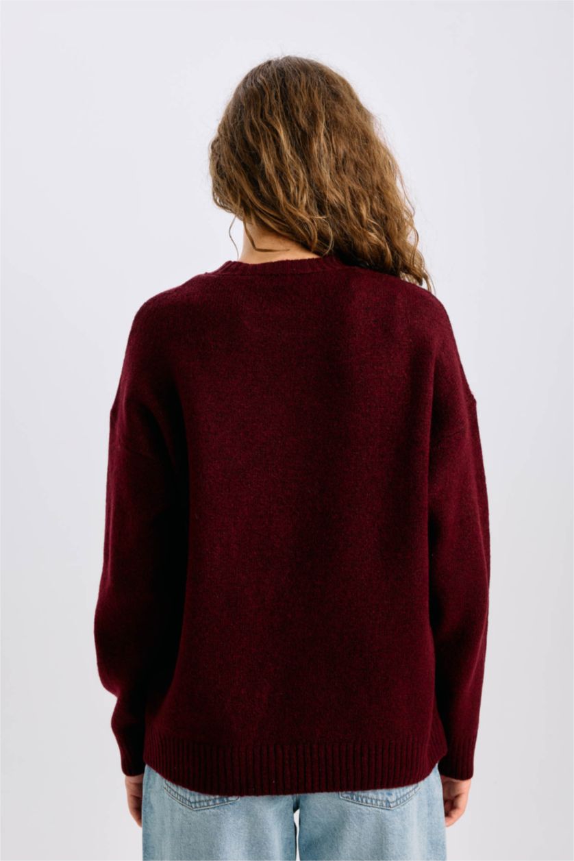 Kadın Bordo Oversize Geniş Kalıp Bisiklet Yaka Basic Düz Triko Kazak