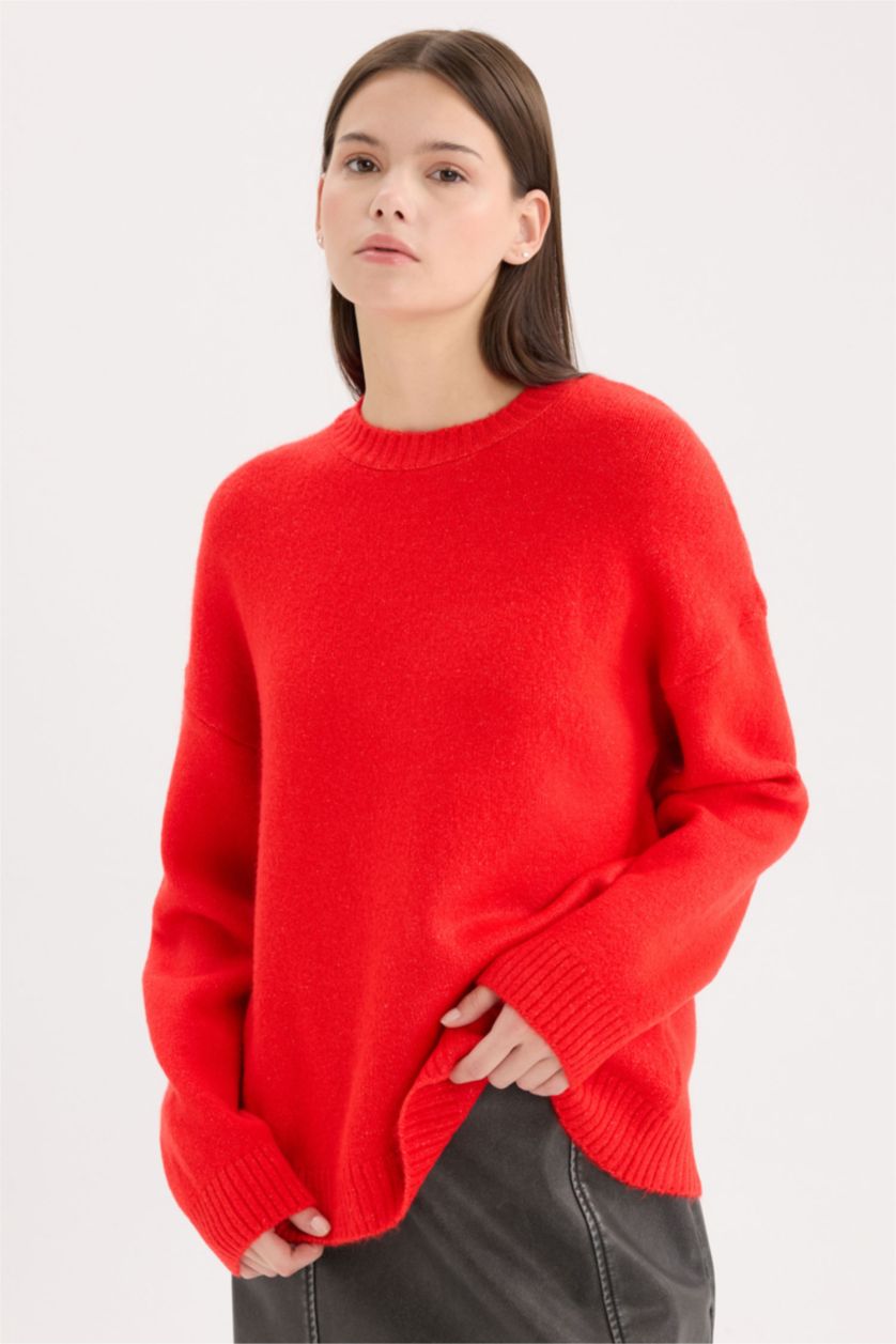 FEMME Rouge Pull en tricot Oversize basique rouge à col rond