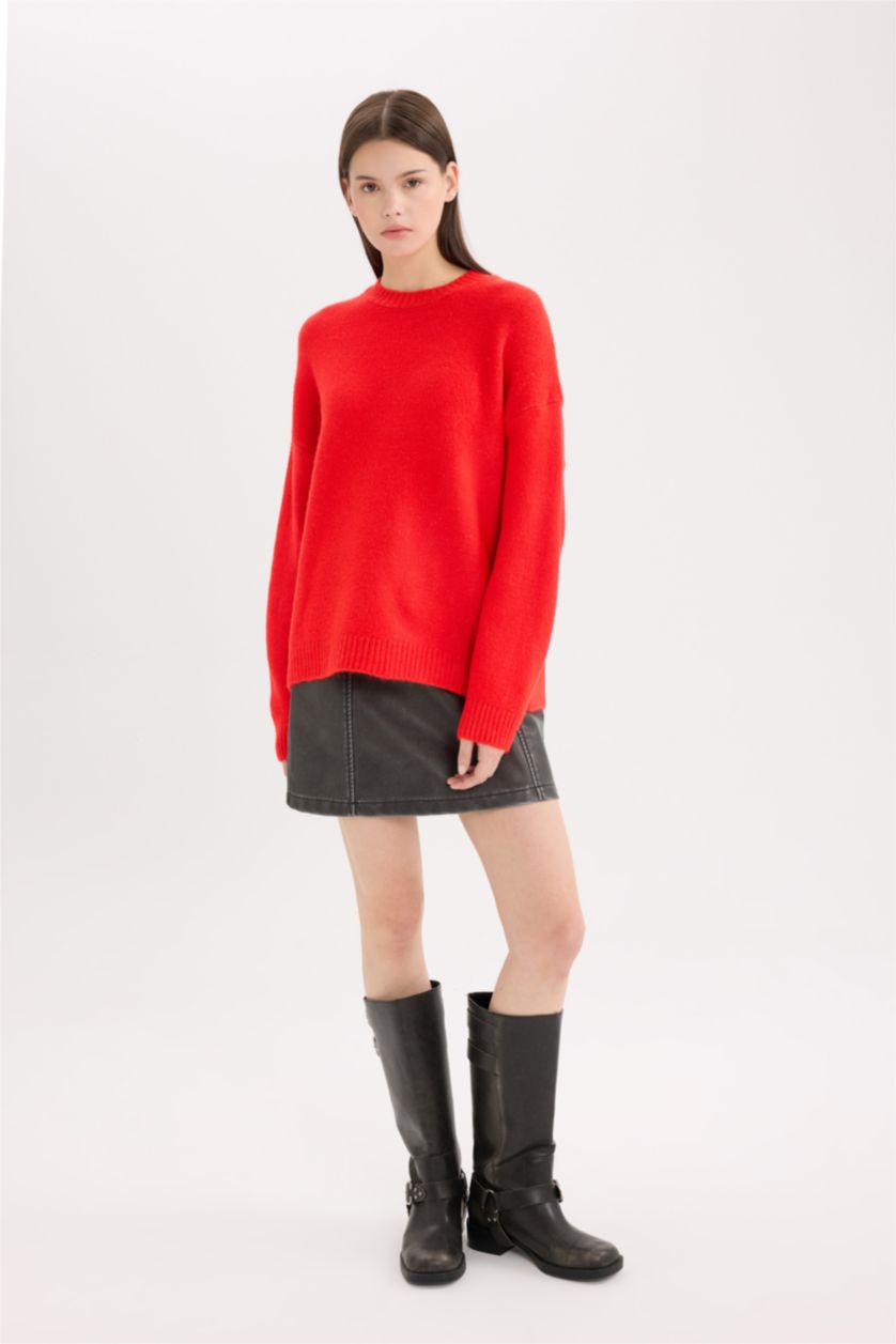 FEMME Rouge Pull en tricot Oversize basique rouge à col rond