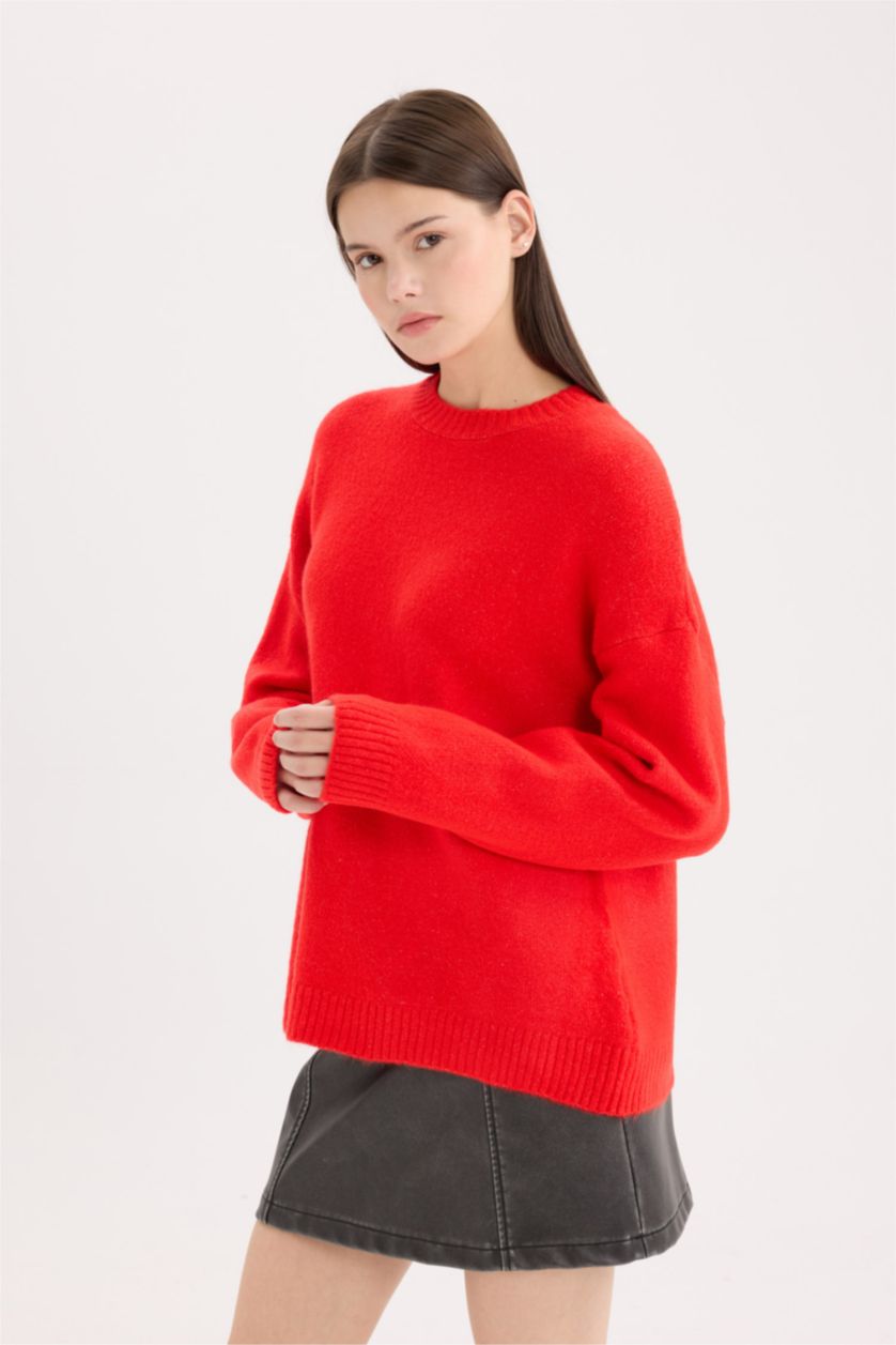 FEMME Rouge Pull en tricot Oversize basique rouge à col rond