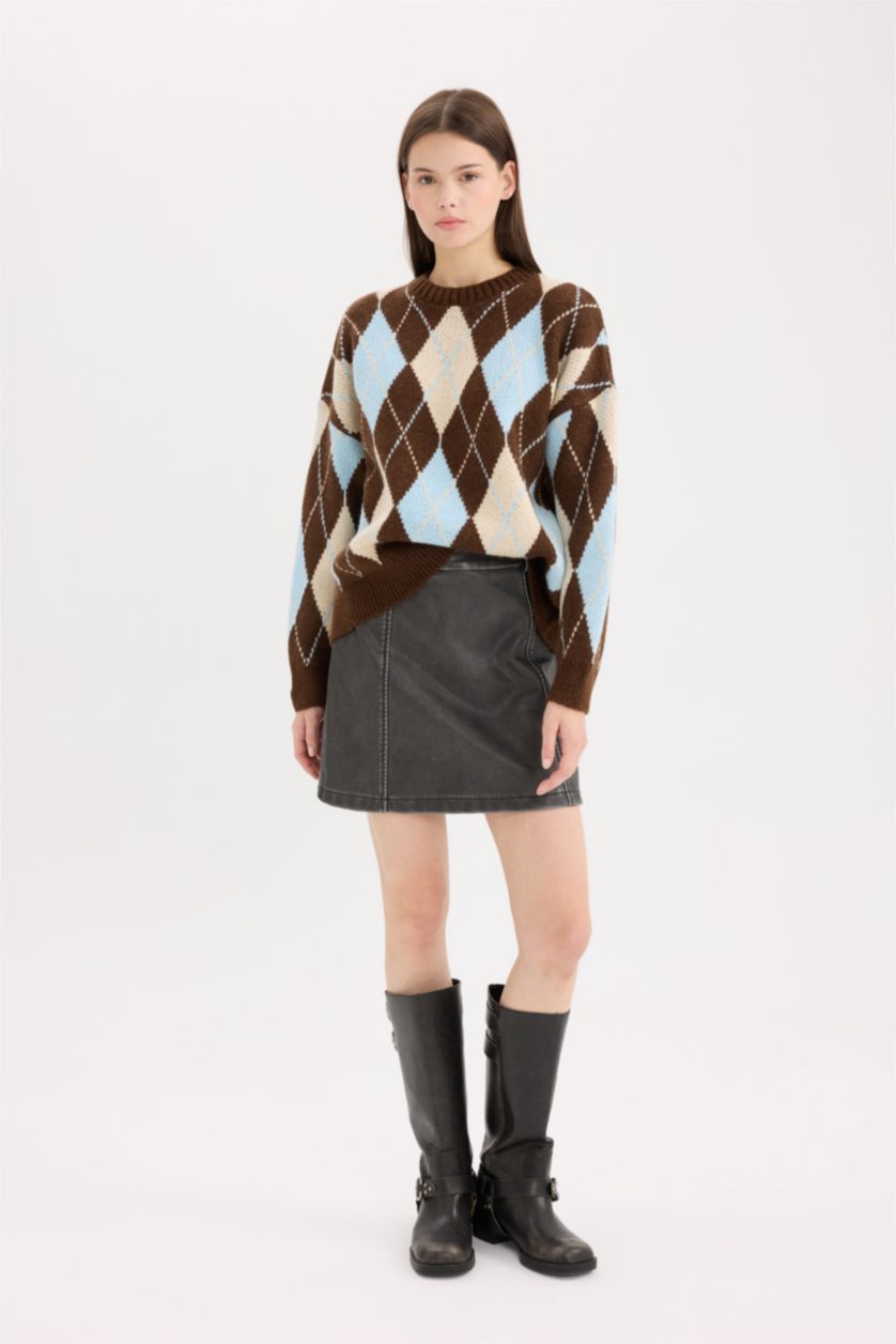 Kadın Kahve Regular Fıt Triko Kazak