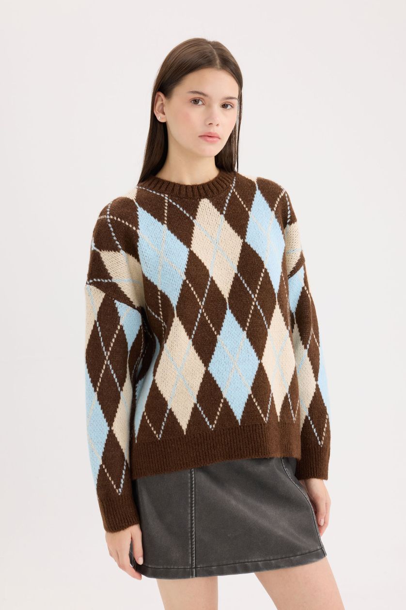 Kadın Kahve Regular Fıt Triko Kazak