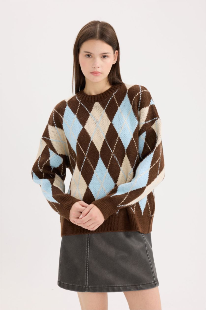 Kadın Kahve Regular Fıt Triko Kazak