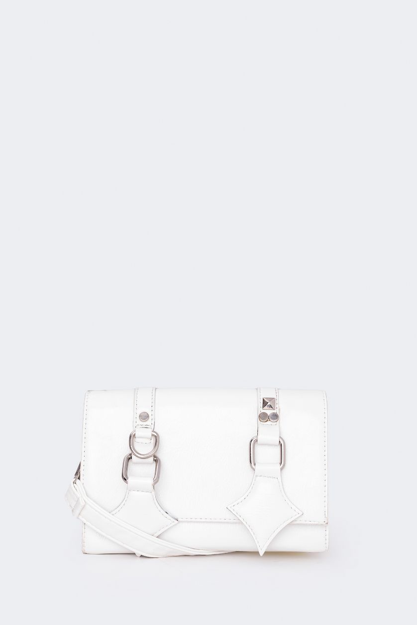 WOMAN White Woman Double Buckled Faux Leather Shoulder Bag