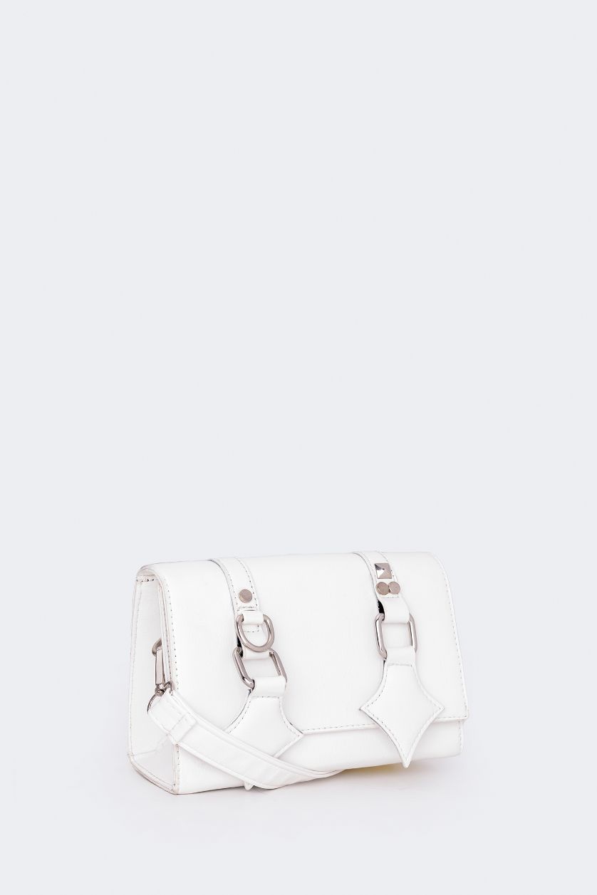 WOMAN White Woman Double Buckled Faux Leather Shoulder Bag