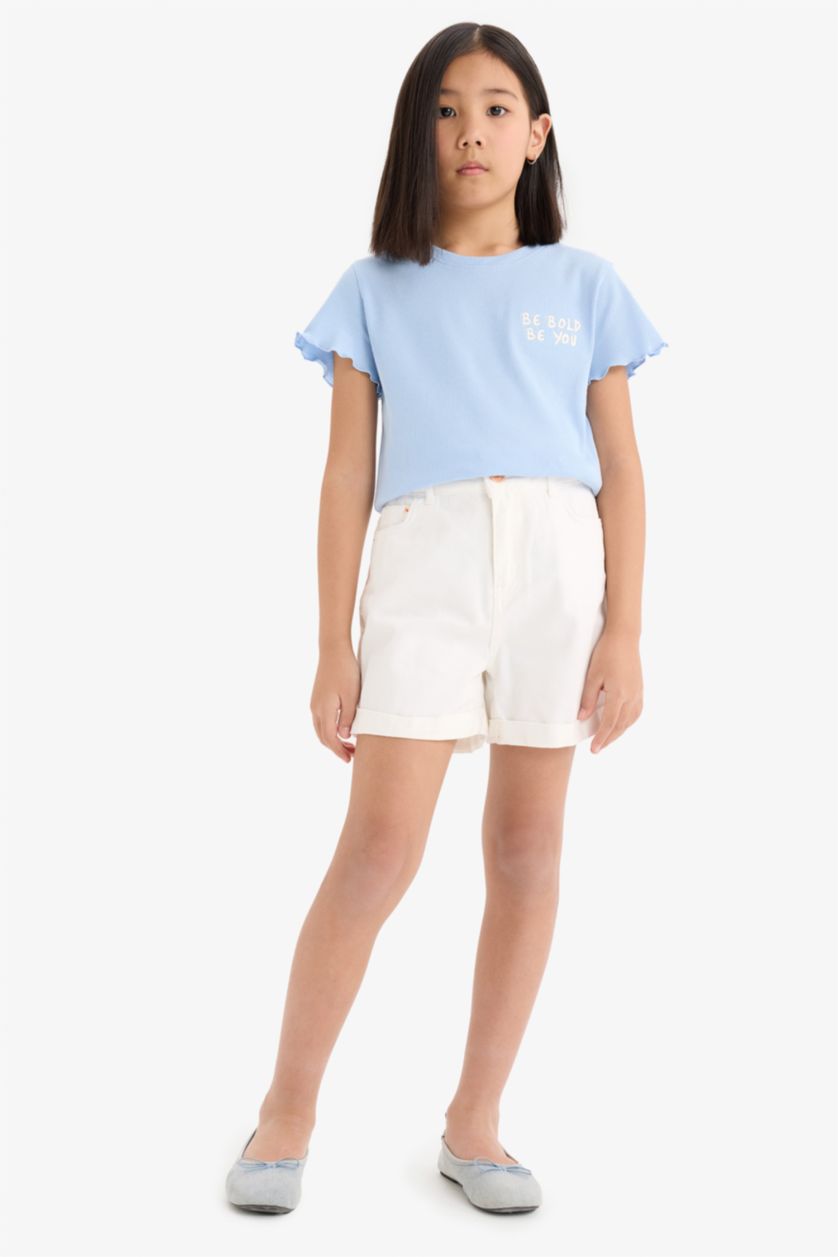 Girls & Teens Light Blue Girl Slim Fit Slogan Printed Corduroy T-Shirt