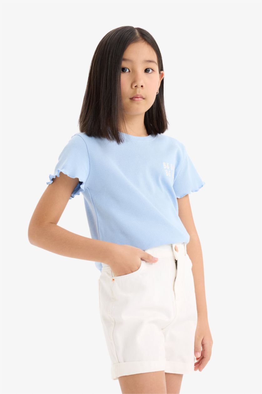 Girls & Teens Light Blue Girl Slim Fit Slogan Printed Corduroy T-Shirt