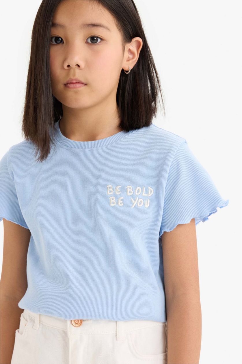 Girls & Teens Light Blue Girl Slim Fit Slogan Printed Corduroy T-Shirt