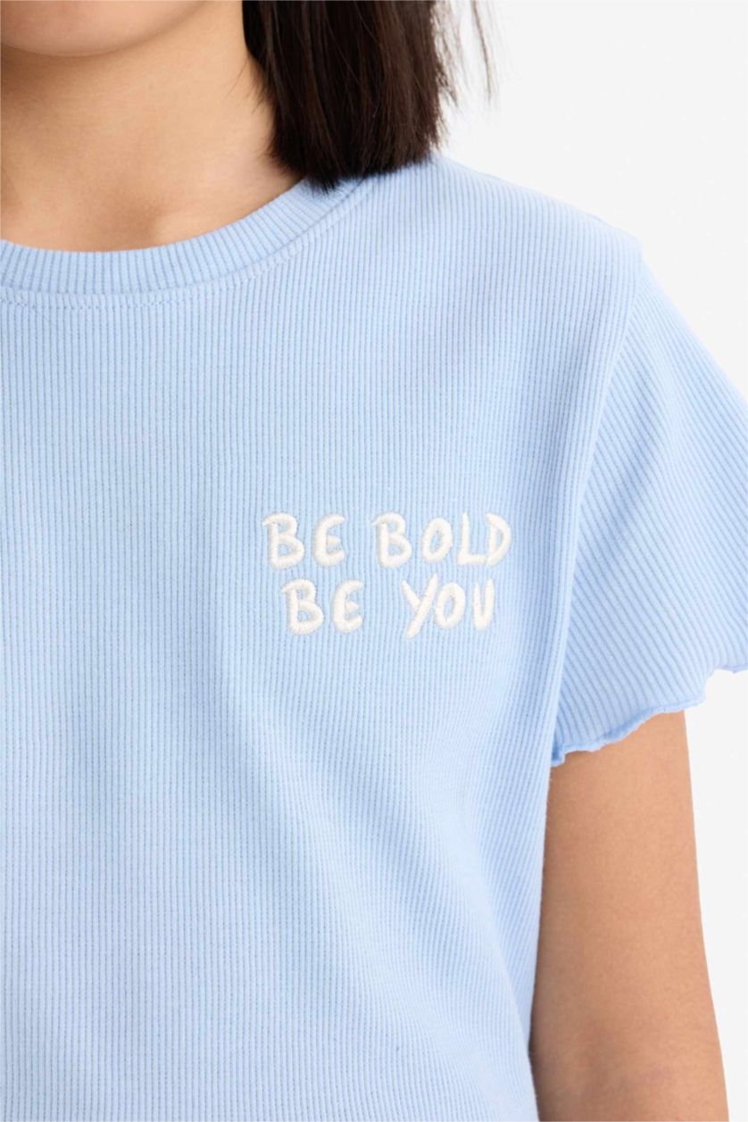 Girls & Teens Light Blue Girl Slim Fit Slogan Printed Corduroy T-Shirt