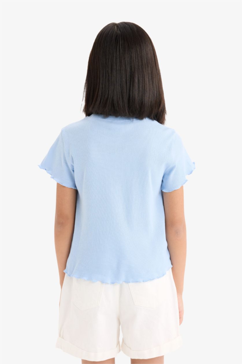 Girls & Teens Light Blue Girl Slim Fit Slogan Printed Corduroy T-Shirt